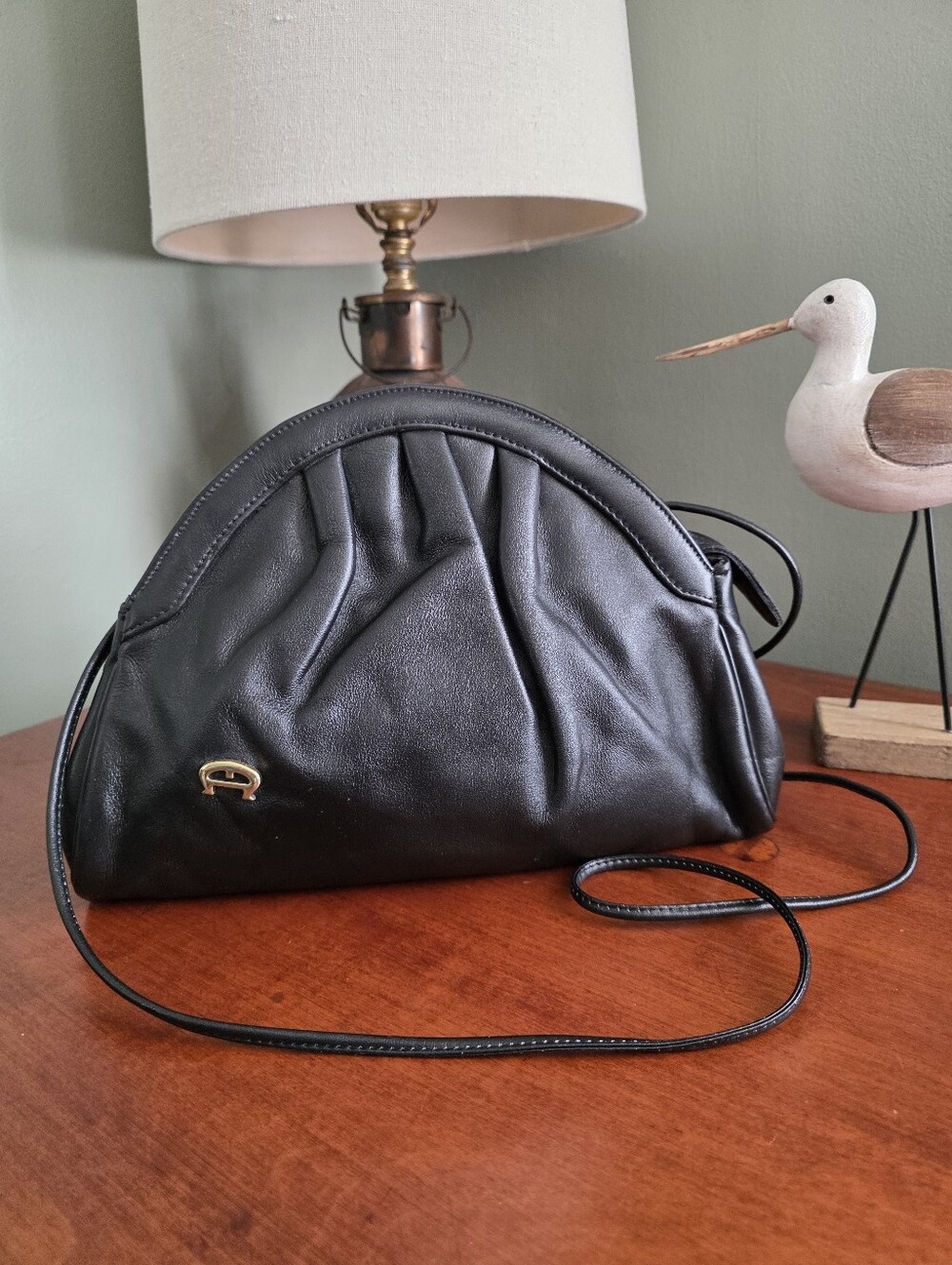 Vintage Etienne Aigner Black Leather Pleated Crossbody Shoulder Clutch Bag